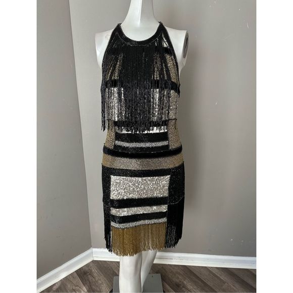 NWT NAEEM KHAN BEADED FRINGE MINI DRESS IN GOLD MULTI $5995 - Picture 4 of 11